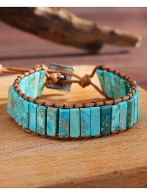 Turquoise Beaded Leather Wrap Bracelet - Blue